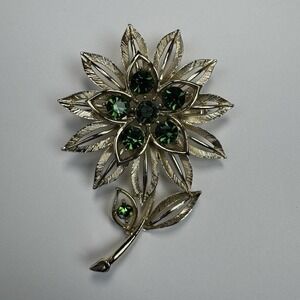Vintage Lisner Signed Flower Brooch Green Rhinestone Silver Tone Layered Petals